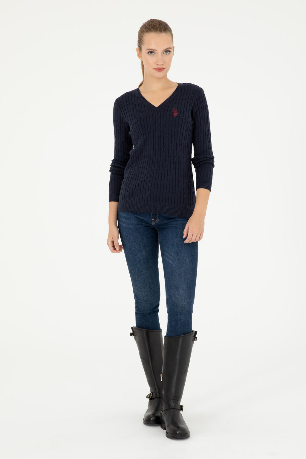 Женский темно-синий базовый свитер с v-образным вырезом Неожиданная скидка в корзине - U.s. polo assn фото 4