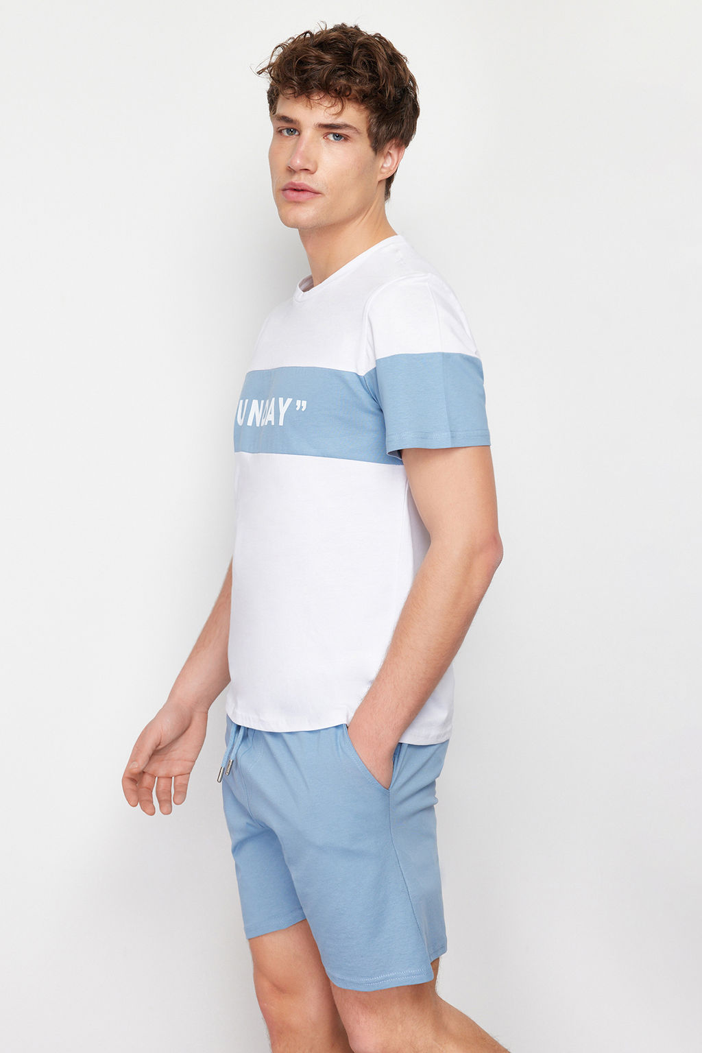 TRENDYOL MAN Mavi Regular Fit Slogan Bask?l? Orme Sortlu Pijama Tak?m? TMNSS24PT00002 - Trendyolmilla фото 3