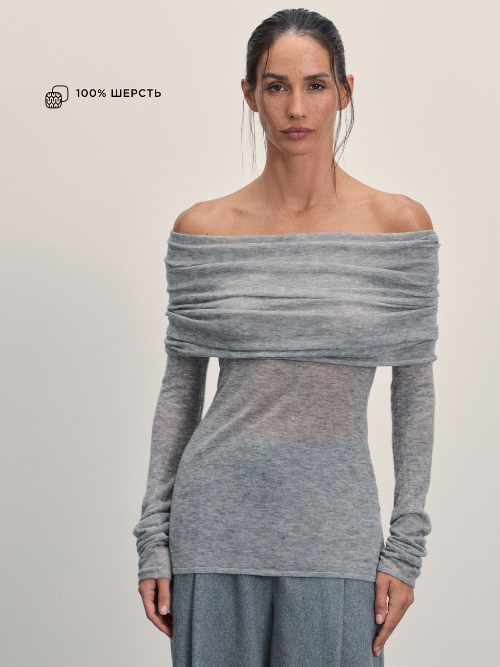 Вязаный лонгслив с открытыми плечами из 100% шерсти / Zarina  фото 8