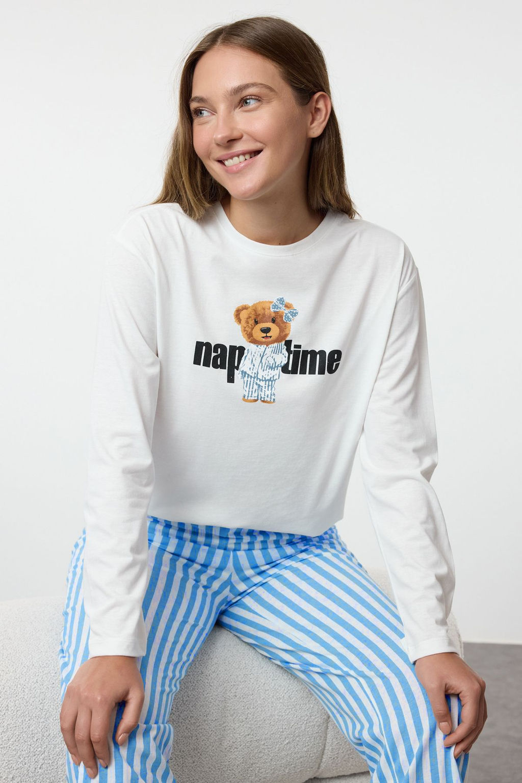 Kad?n Couple/Cift Ekru %100 Pamuklu Cizgili Ay?c?kl? Orme Pijama Tak?m? THMAW25PT00171 - Trendyolmilla фото 14