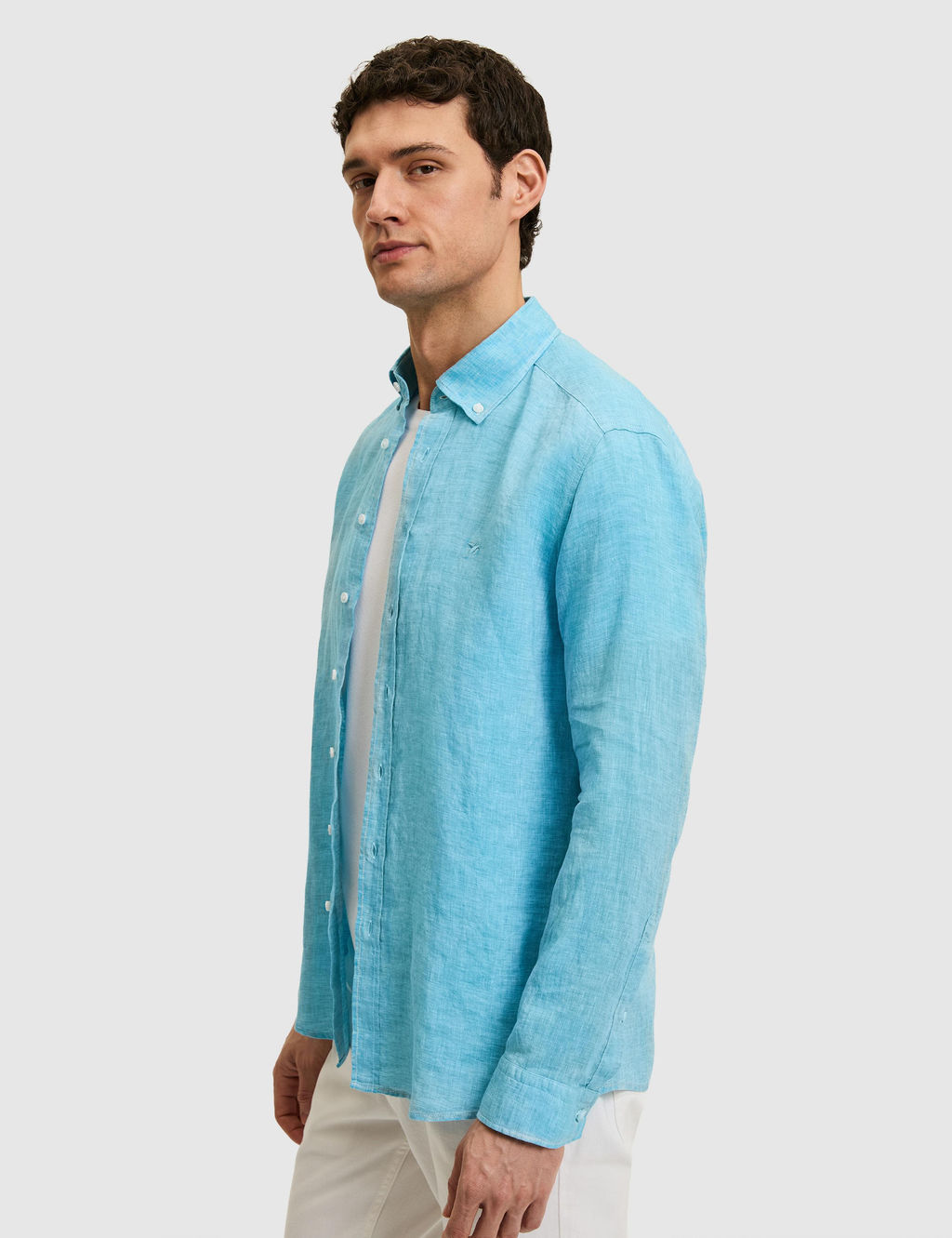 Turkuaz Regular Fit Yakas_ D__meli %100 Keten G_mlek