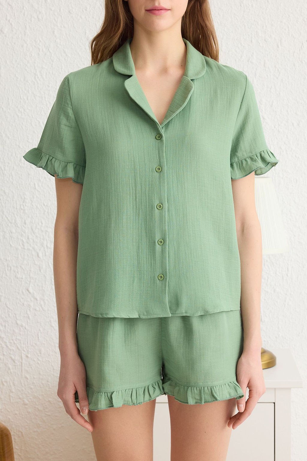 Trendyolmilla Yesil %100 Pamuklu F?rf?rl? Muslin Sortlu Dokuma Pijama Tak?m? THMSS25PT00034  фото 14