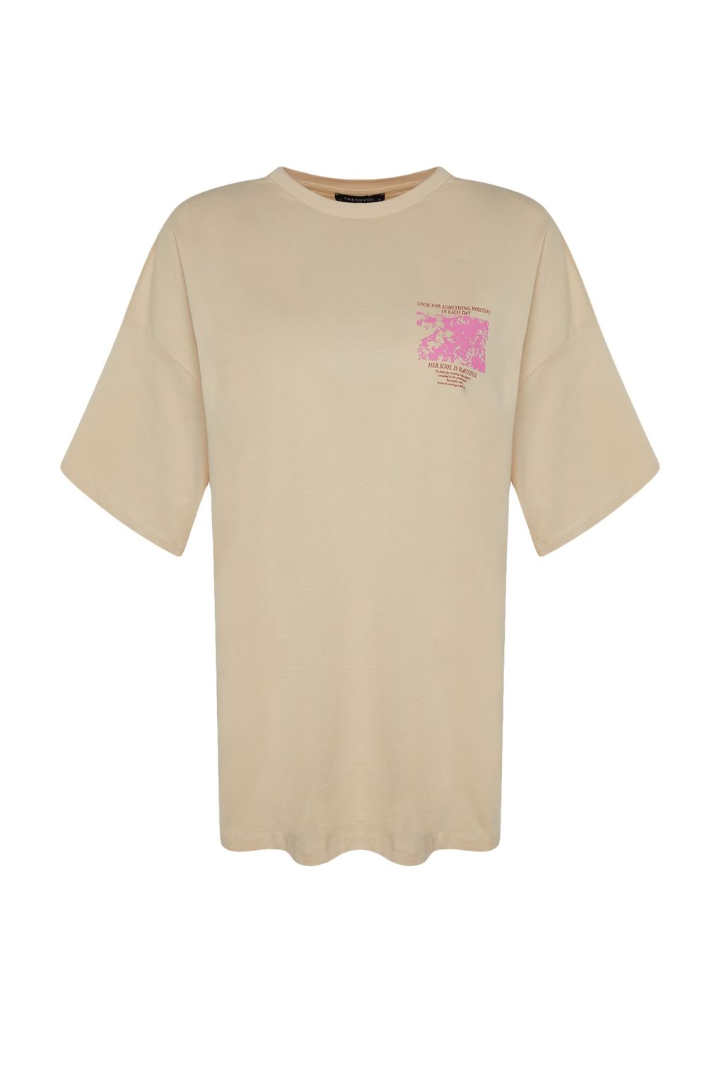 Premium Tas %100 Kal?n Pamuklu On ve Arka Bask?l? Oversize/Genis Kal?p Orme T-Shirt TWOSS23TS00269