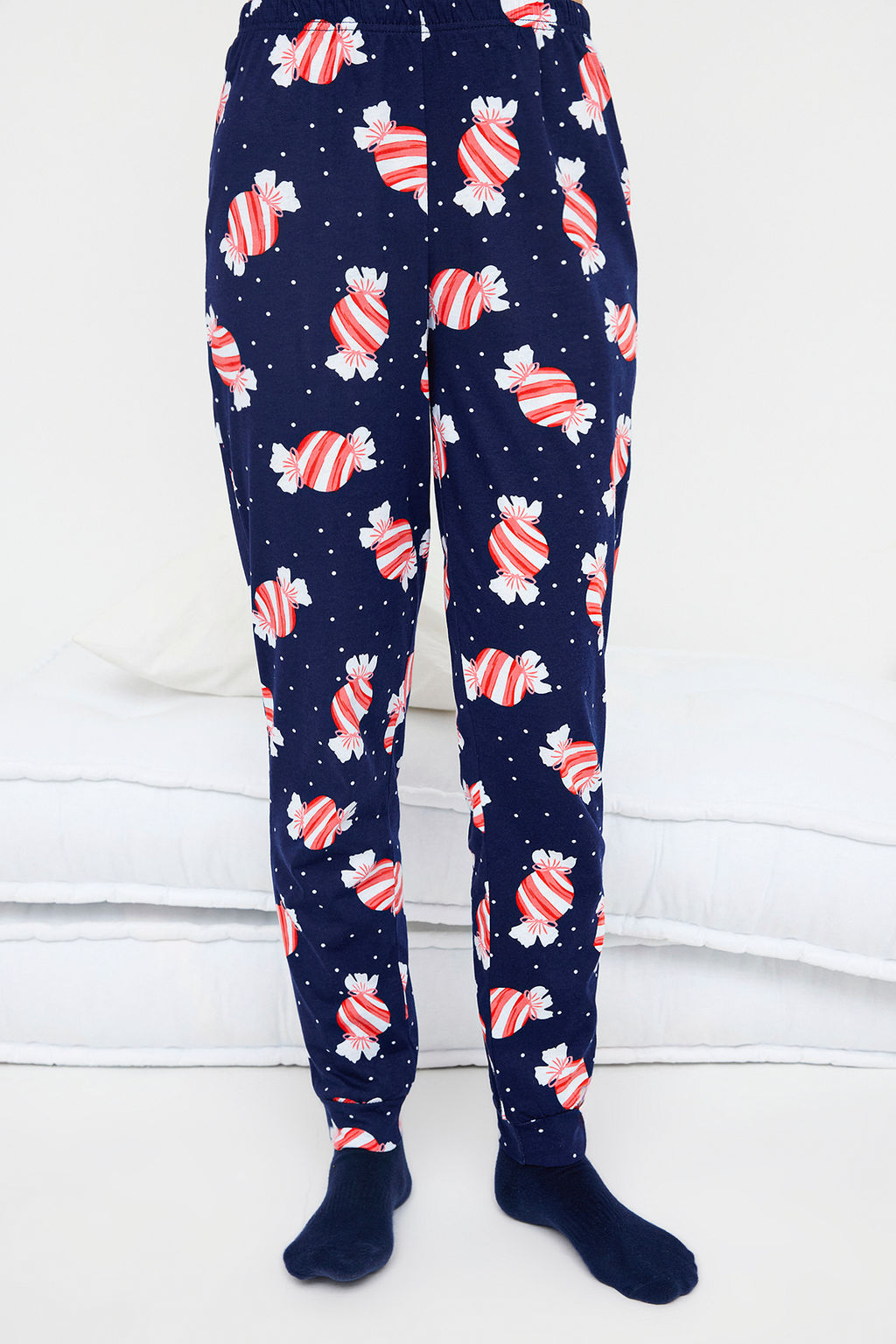 Teen Lacivert %100 Pamuklu Eglenceli Seker Bask?l? Orme Pijama Tak?m? THMAW26PT00018