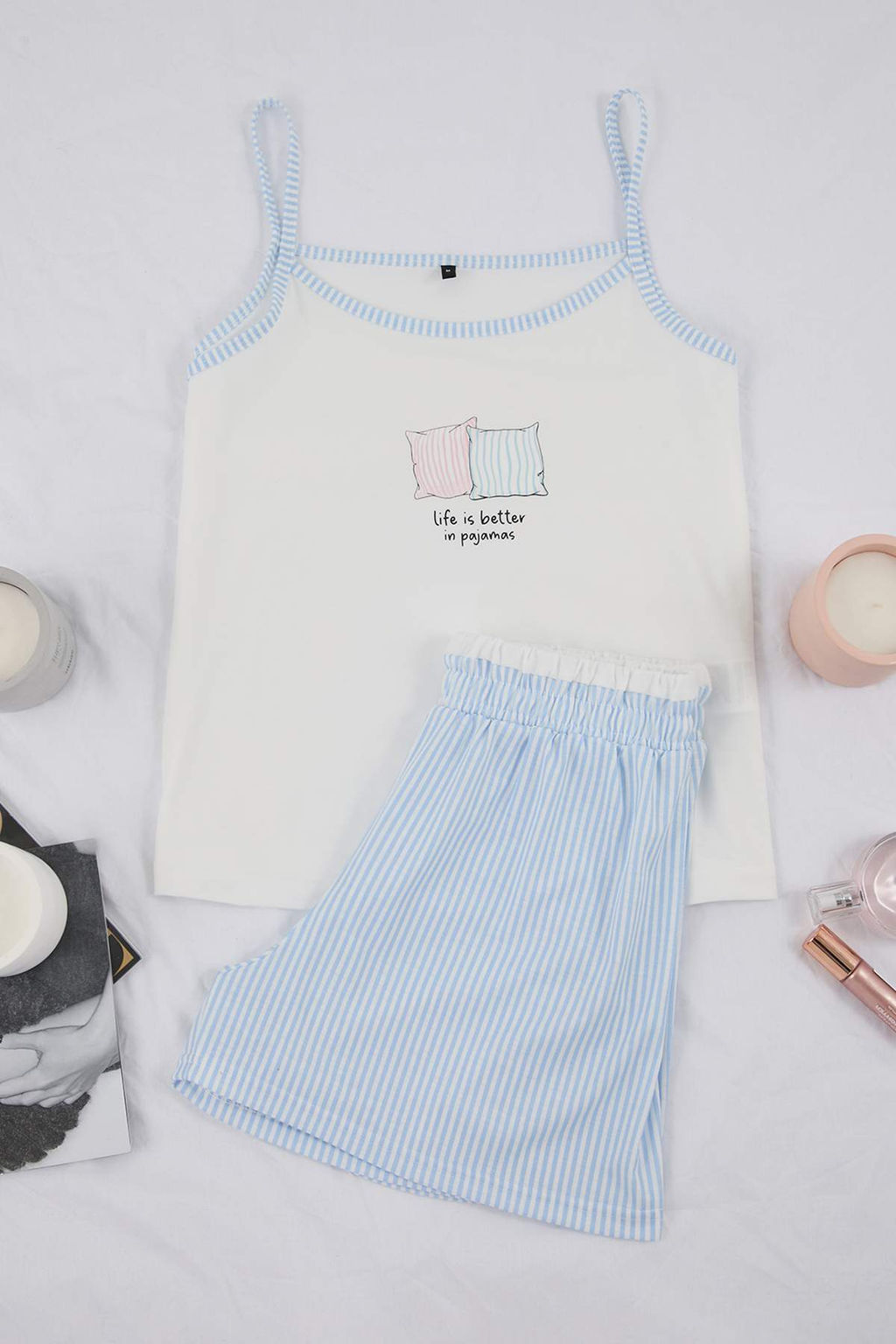 Beyaz-Mavi Bask?l? Cizgili Bel Detayl? Orme Pijama Tak?m? THMSS26PT00086 - Trendyolmilla фото 5