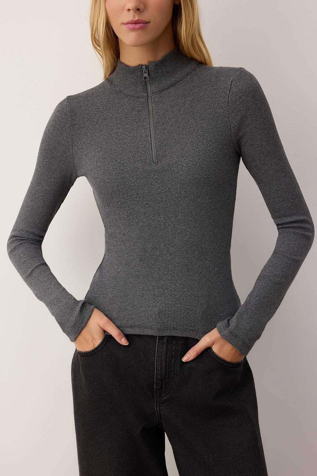 Antrasit Fitted/vucuda Oturan Fermuarl? Yaka Esnek Orme Bluz TWOAW25BZ00163