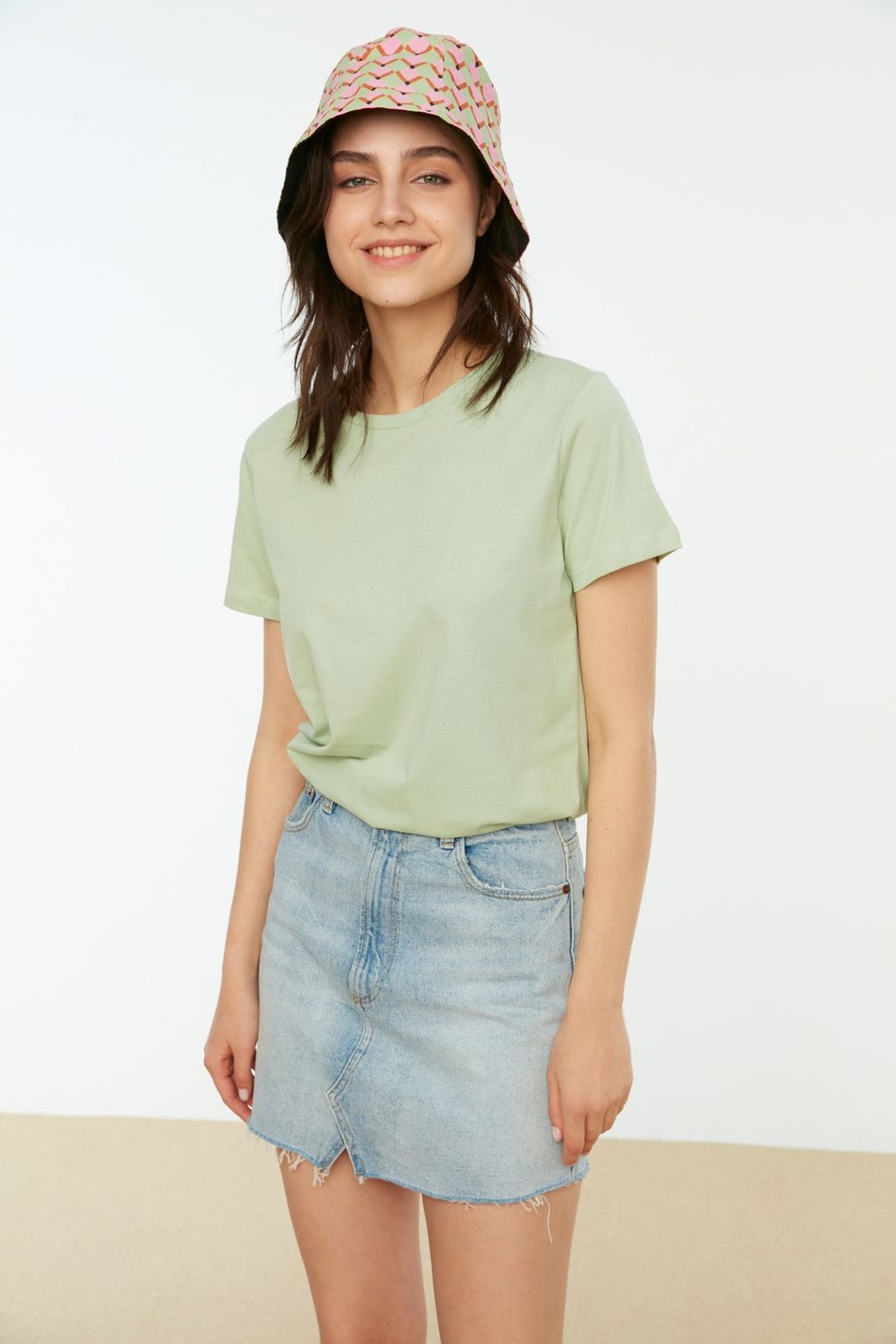 Pembe-Mint %100 Pamuk Suprem Bisiklet Yaka 2li Paket Orme T-Shirt TWOSS20TS0141