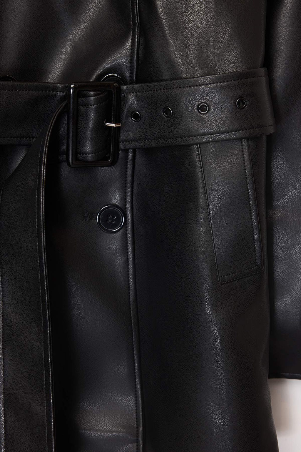 Siyah Suni Deri Kruvaze Regular Midi Trenckot TWOAW26TR00007 - Trendyolmilla фото 5