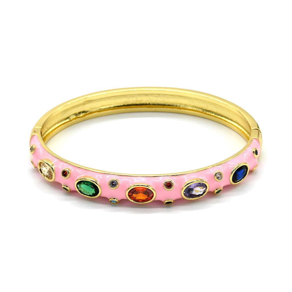 Браслет круглый с эмалью и цирконами цв.розовый, 16,5см