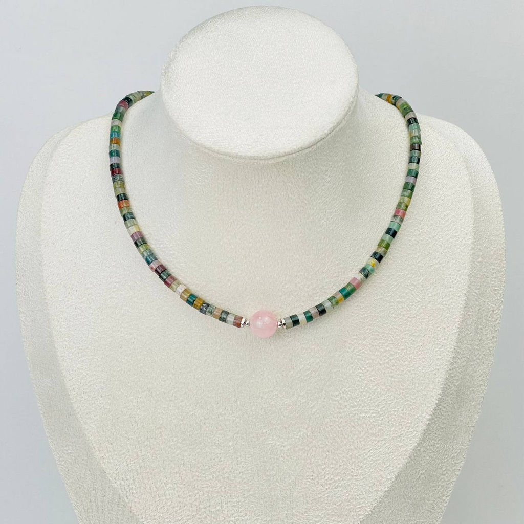 Чокер из Мохового агата и Розового кварца