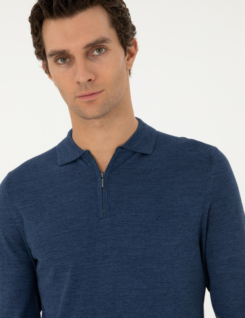 _ndigo Regular Fit Y_n Kar___ml_ Fermuarl_ Polo Yaka Basic Triko Kazak