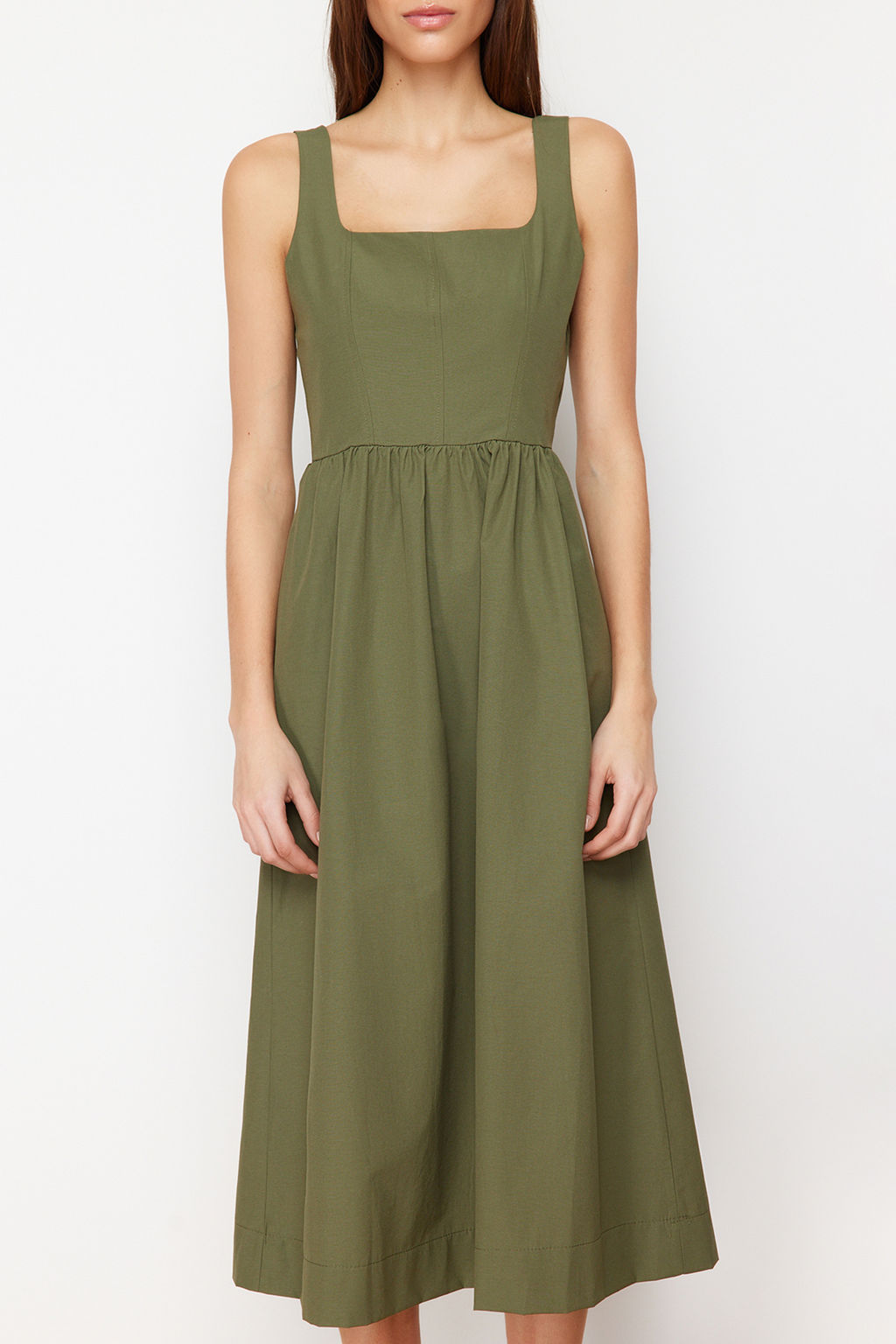 Haki Belden Ac?lan Midi Korse Dikis Detayl? Midi Dokuma Elbise TWOSS24EL00038