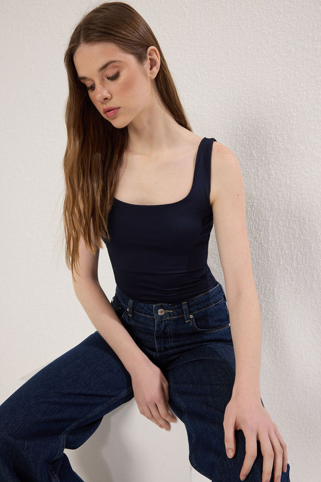 Lacivert Fitted/Vucuda Oturan S?rt? Detayl? Kare Yaka C?tc?tl? Esnek Orme Body TWOSS24BD00026