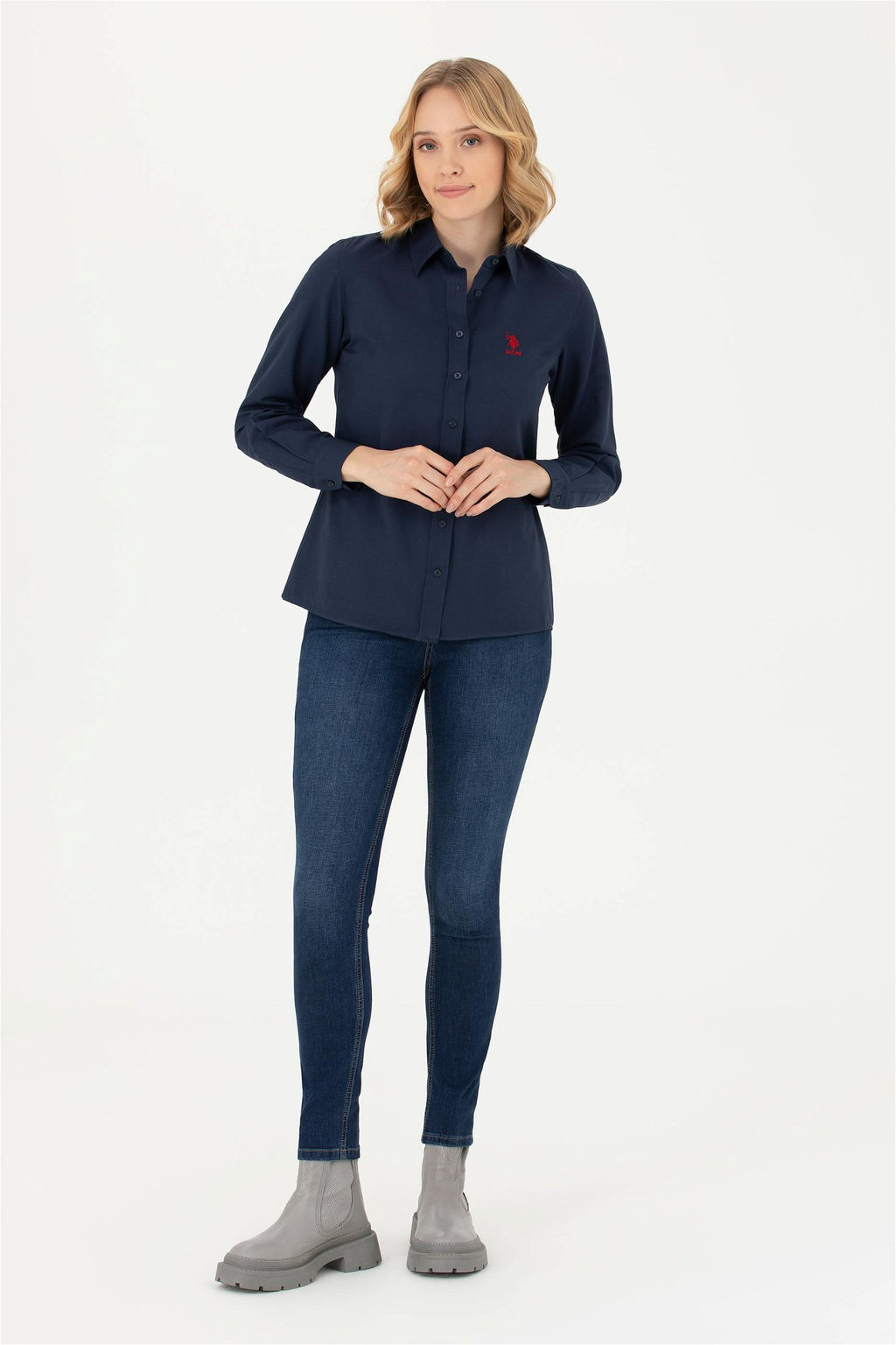 Женская базовая рубашка темно-синего цвета с длинным рукавом - U.s. polo assn фото 11