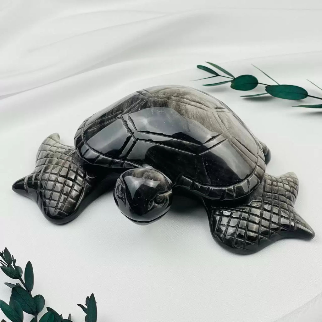 Радуга Самоцветов Фигурка резная Черепаха из серебристого Обсидиана  фото 3