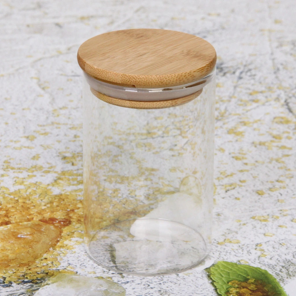 Цена за 2 шт. Банка для продуктов стеклянная 250мл "Хай-Тек" с бамбуковой крышкой 6,5*10см