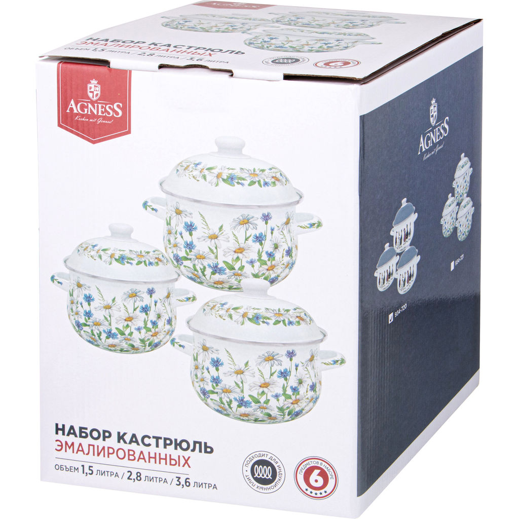 НАБОР КАСТРЮЛЬ AGNESS ЭМАЛИРОВАННЫХ СЕРИЯ FAMILY FARM, 6ПР. 1,5/2,8/3,6Л, 16Х10/20Х12/22Х13СМ  фото 2