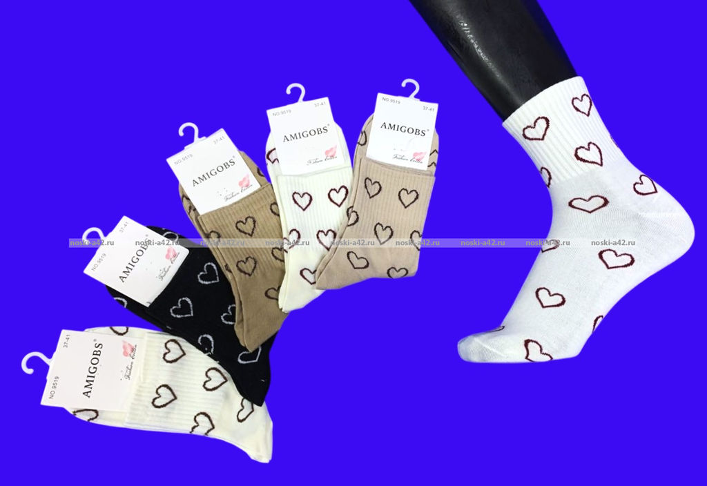 Цена за 10 пар. AMIGOBS носки женские цветные с принтом "Сердечки" арт. 9519
