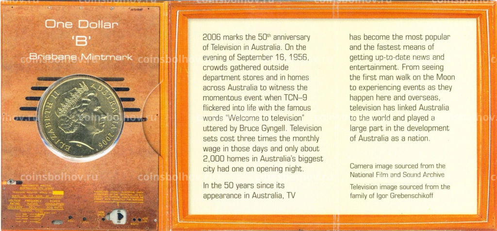 Монета 1 доллар 2006 года В Австралия 50 лет австралийскому телевидению (в блистере)