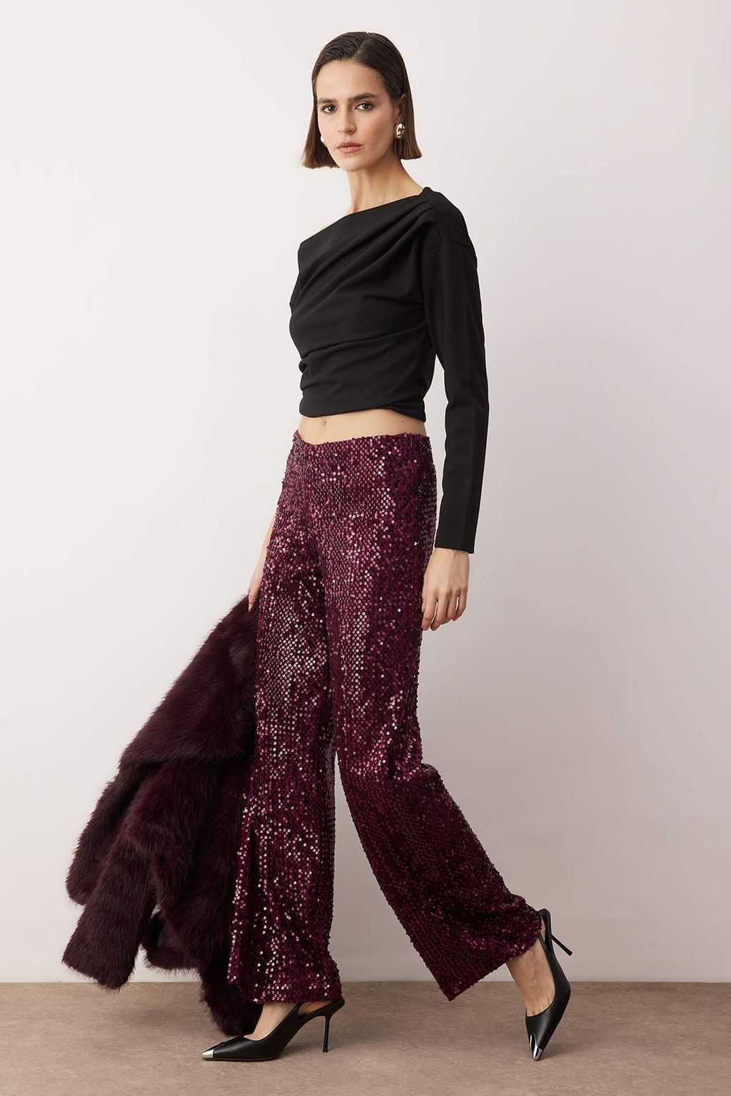 Siyah Wide Leg/Genis Paca Orme Payet S?k/Gece Pantolon TPRAW26PL00005 - Trendyolmilla фото 6