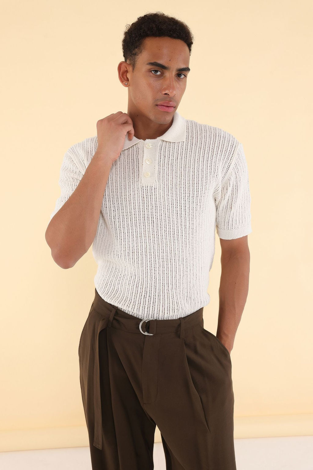 TRENDYOL MAN Ekru Unisex Regular Polo Yaka Dokulu Triko T-shirt TMNSS25PO00023 - Trendyolmilla фото 3