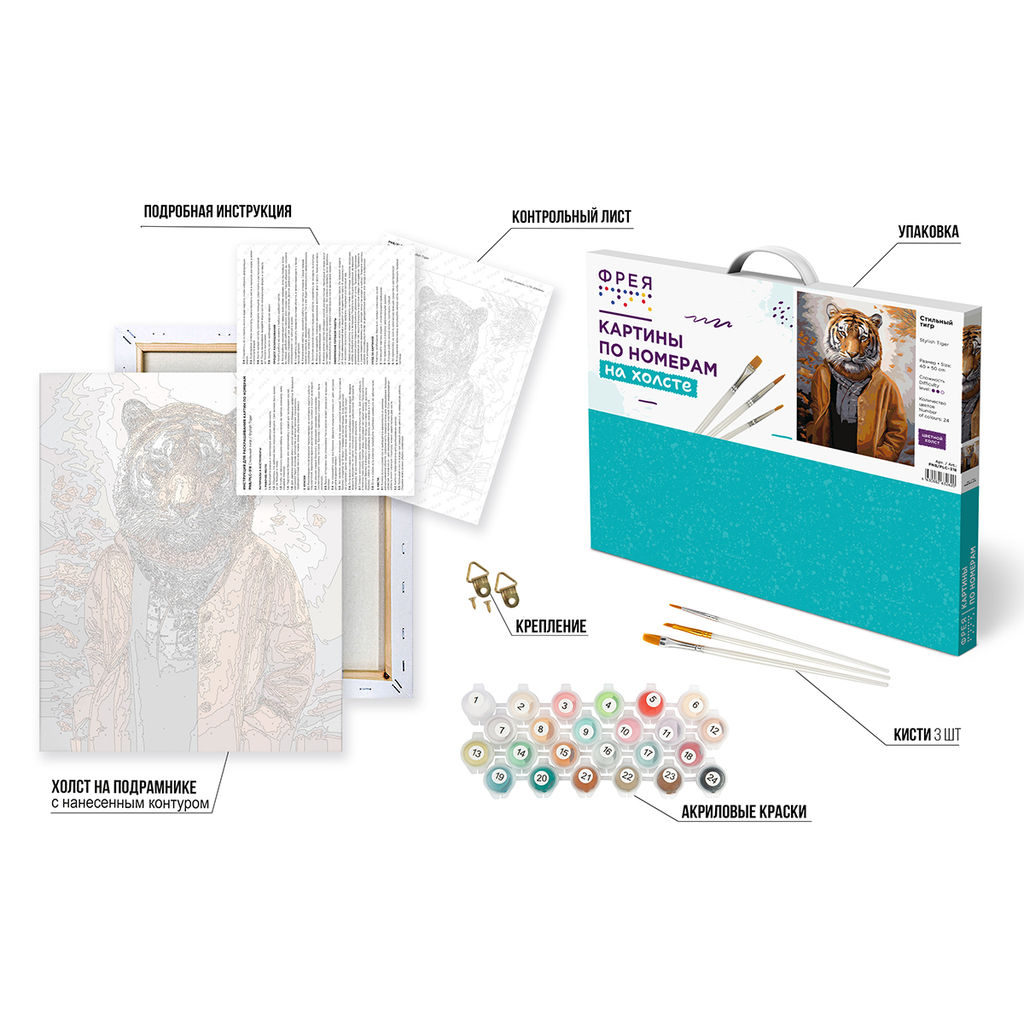 ФРЕЯ PNB/PLC-318 Набор для раскрашивания по номерам ( цветной холст ) 50 х 40 см Стильный тигр