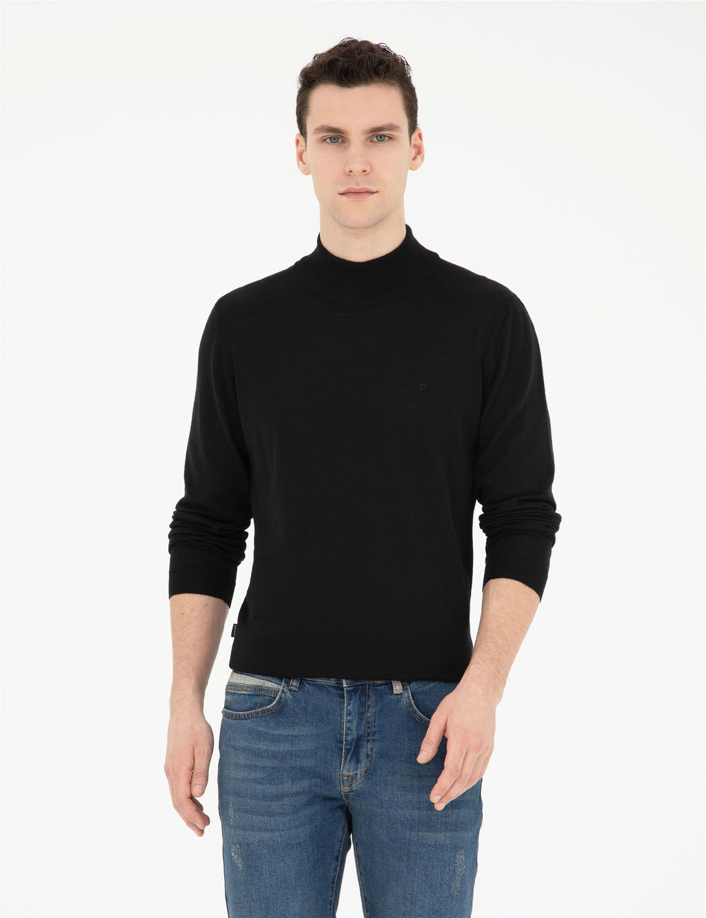 Siyah Slim Fit Yar_m Bal_k__ Yaka Y_n Kar___ml_ Basic Triko Kazak