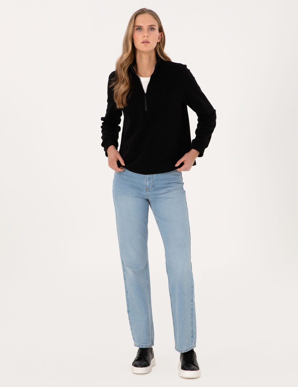 Siyah Comfort Fit Fermuarl_ Polar Sweatshirt