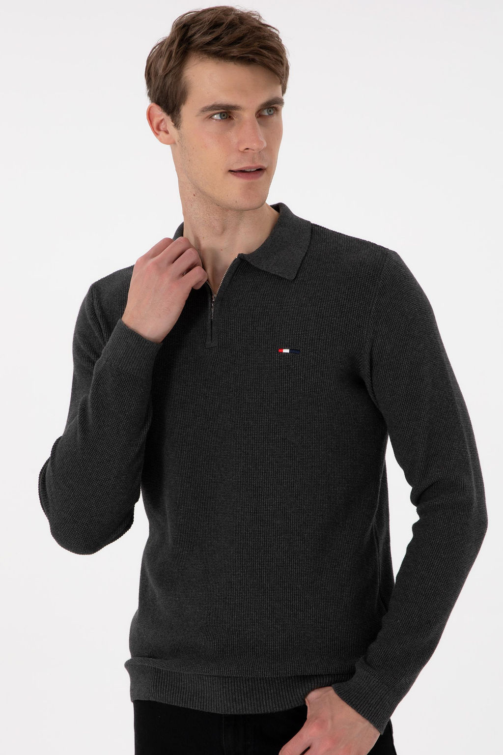 Erkek Regular Fit Yar_m Fermuarl_ Antrasit Melanj Basic Kazak - U.s. polo assn фото 3