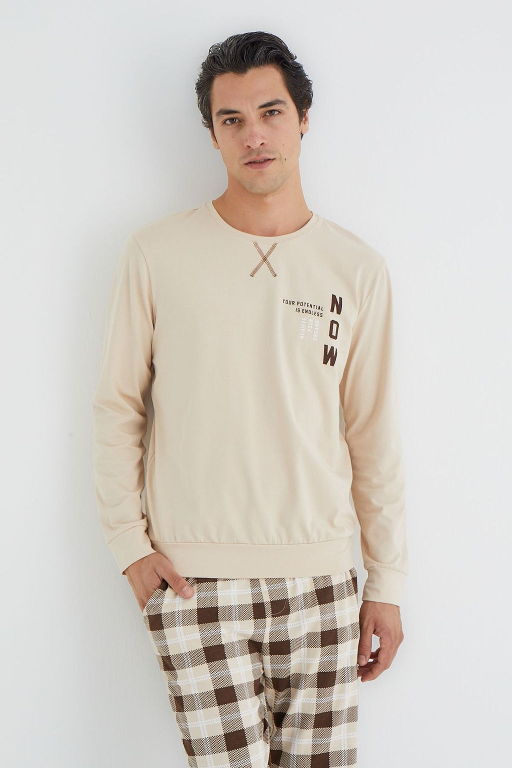 TRENDYOL MAN Bej Regular Fit Ekose Orme Pijama Tak?m? TMNAW25PT00058 - Trendyolmilla фото 3