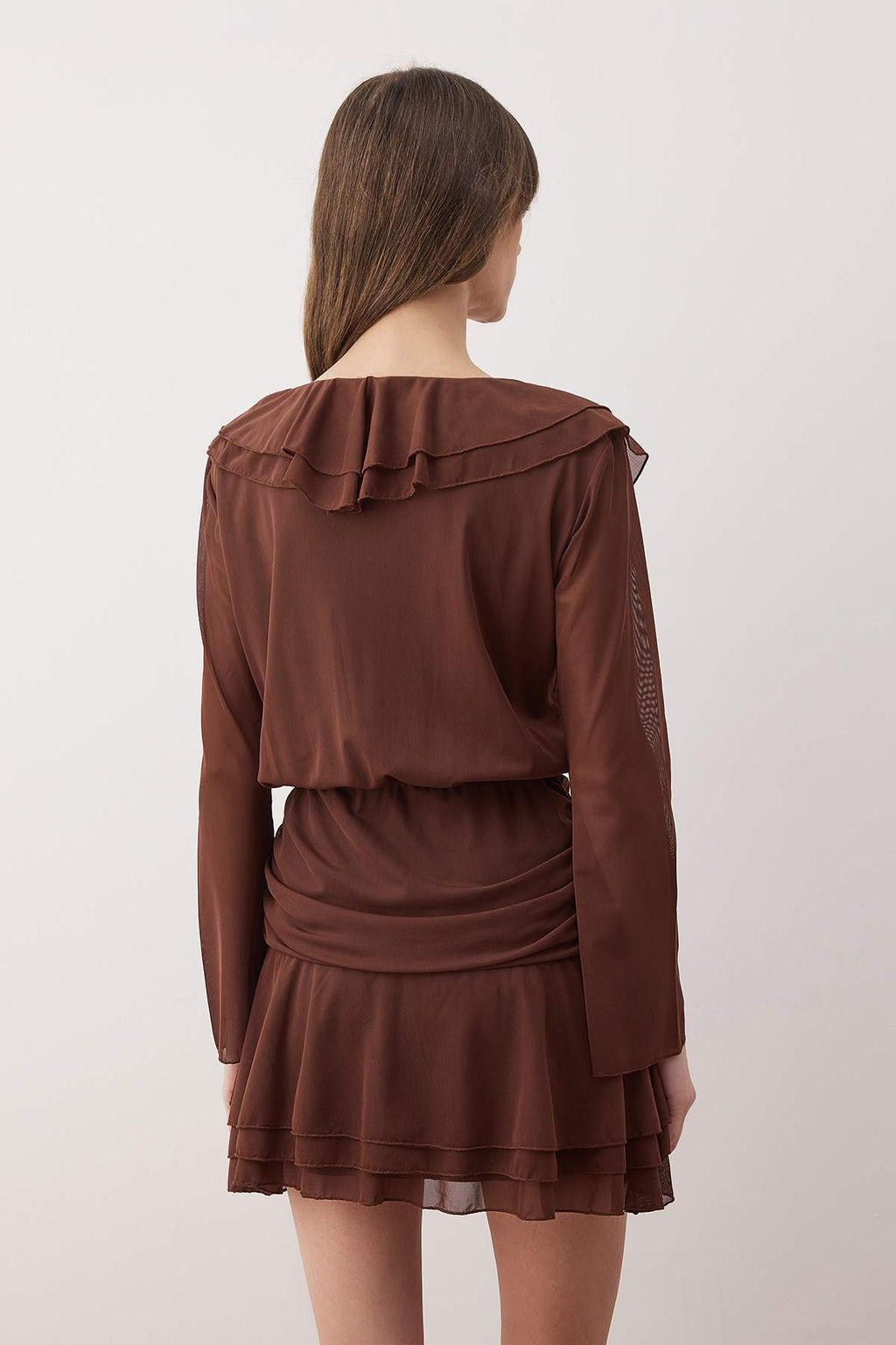 Kahverengi Duz Volanl? / F?rf?rl? Ekstra K?sa / Super Mini Orme Elbise TWOAW26EL00332 - Trendyolmilla фото 5