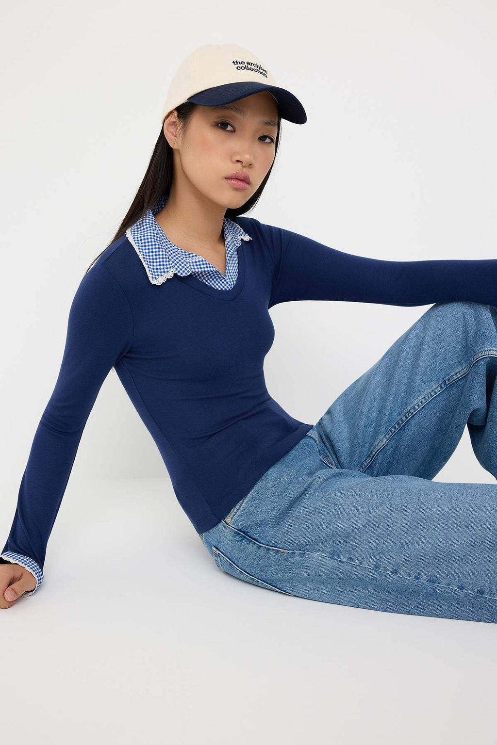 Teen Lacivert Ekose/Kareli Fitted/Vucuda Oturan Dokuma Detayl? Orme Bluz TWOAW26BZ00008