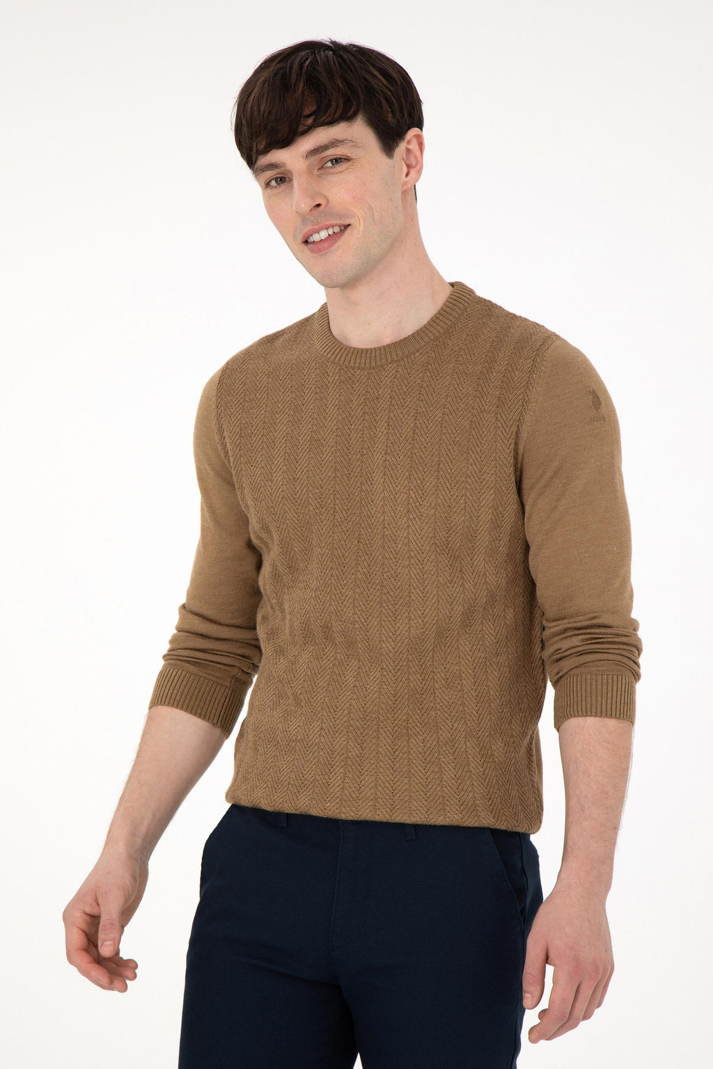 Erkek Slim Fit Bisiklet Yaka Haki Melanj Kazak - U.s. polo assn фото 3