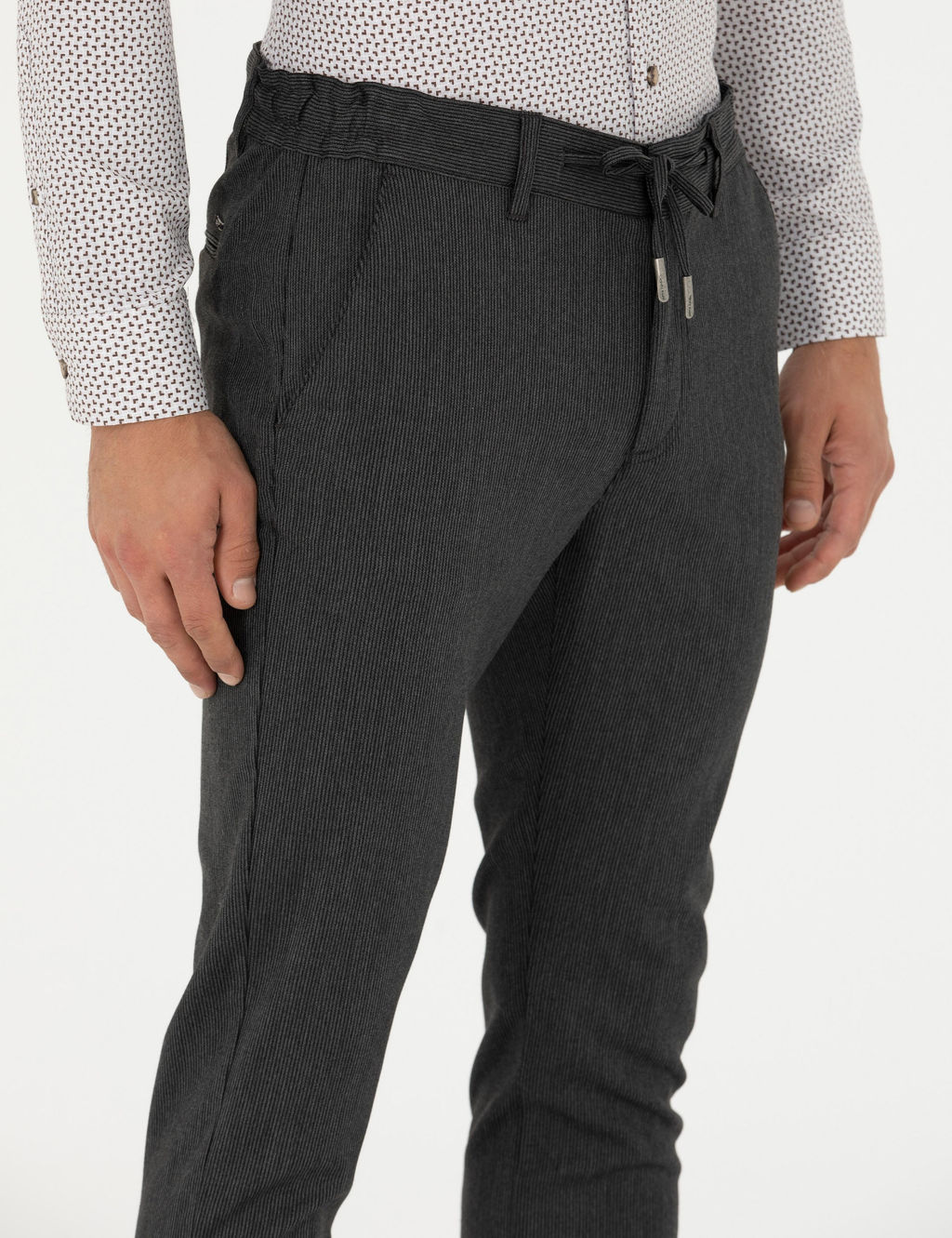 Antrasit Slim Fit _izgili Beli Lastikli Ba_c_kl_ Kanvas Pantolon