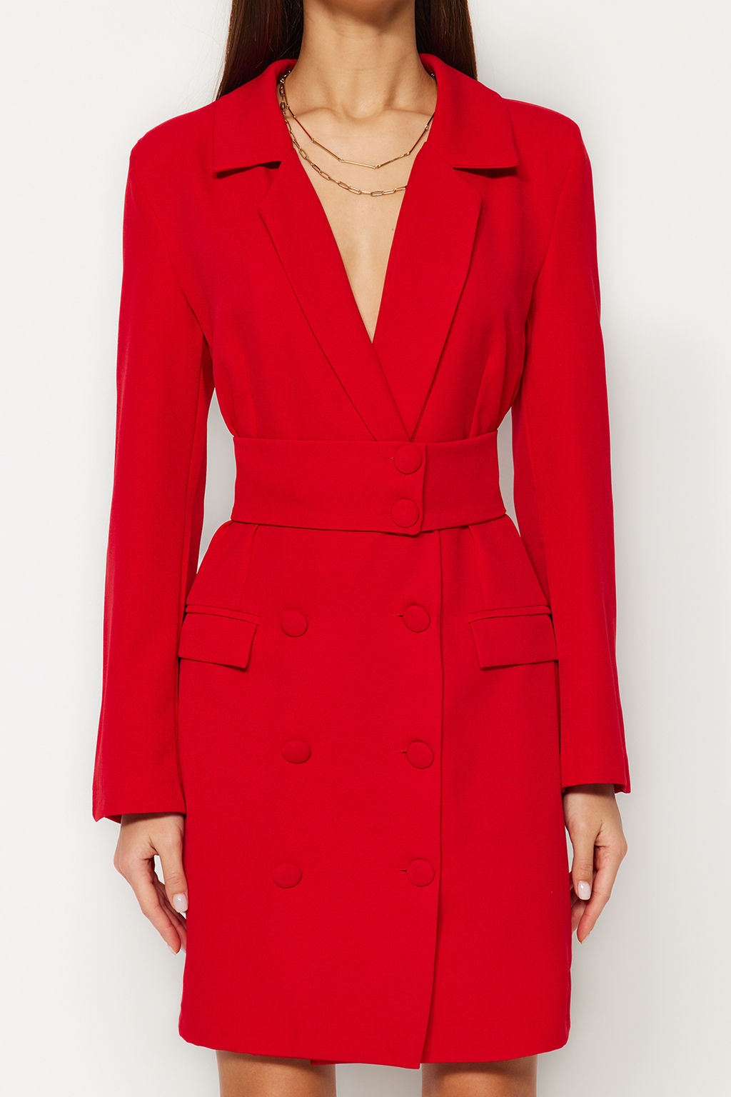 Trendyolmilla K?rm?z? Kemerli Dugme Detayl? Mini Ceket Dokuma Elbise TWOAW24EL00497 фото 16