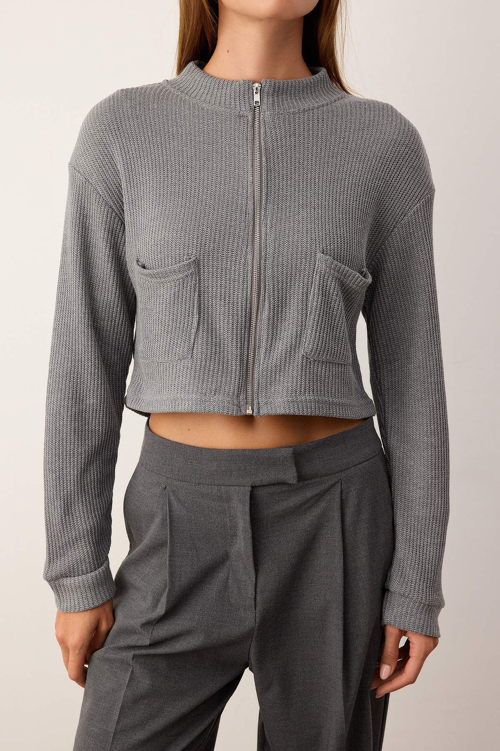 Lacivert Fermuarl? Yaka Cep Detayl? Regular/Normal Kal?p Crop/K?sa Ceket TWOAW25CE00011 - Trendyolmilla фото 8