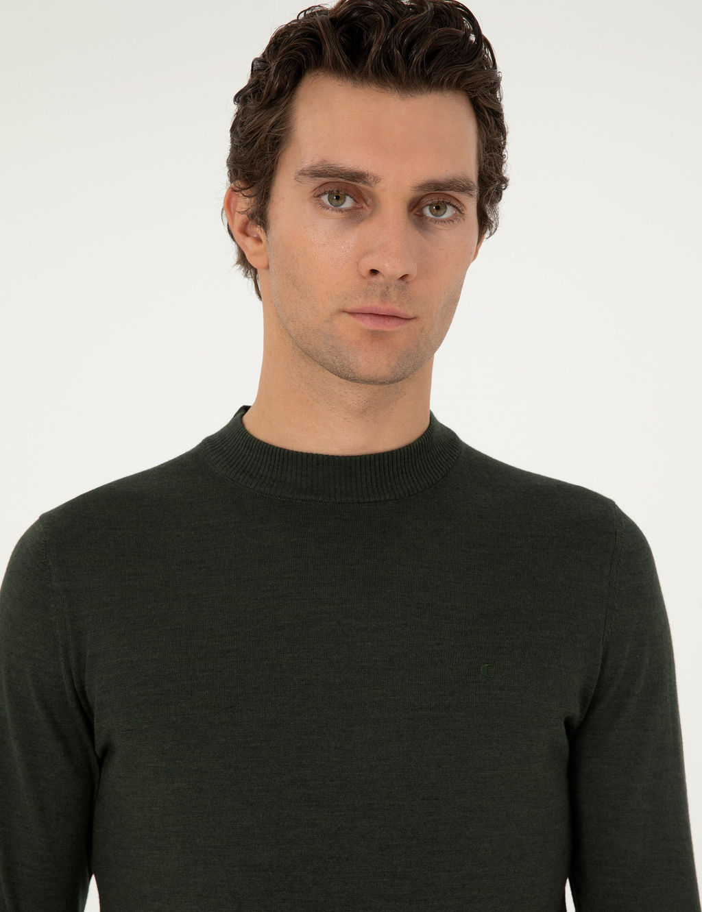 Haki Slim Fit Y_n Kar___ml_ _eyrek Bal_k__ Yaka Basic Triko Kazak