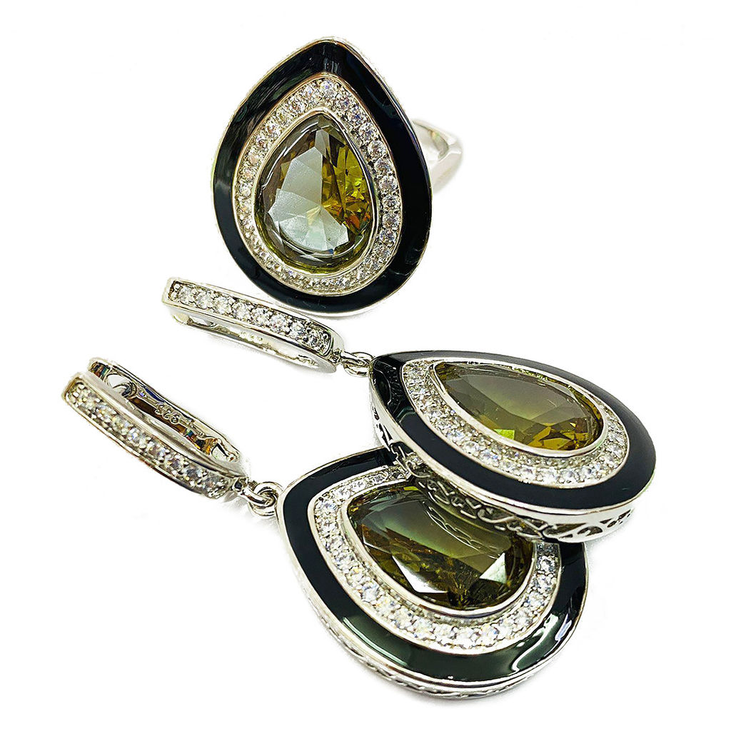 Комплект Султан-26, султанит, покрытие родий, размеры кольца: 17, 18, 19, 20 - Agat77 фото 4