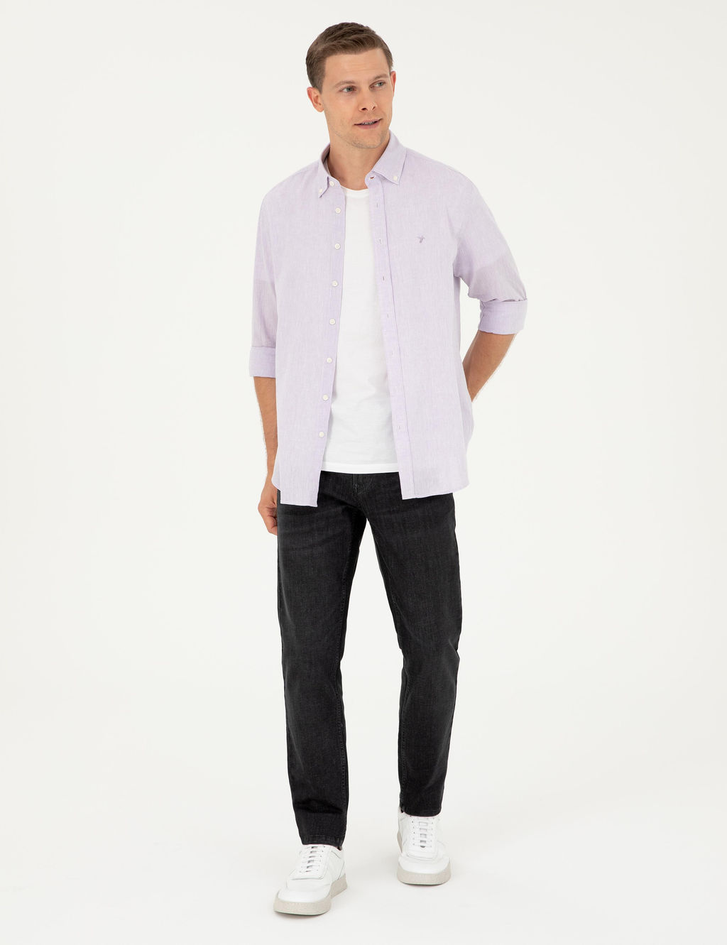 Lila Slim Fit Keten Kar___ml_ G_mlek