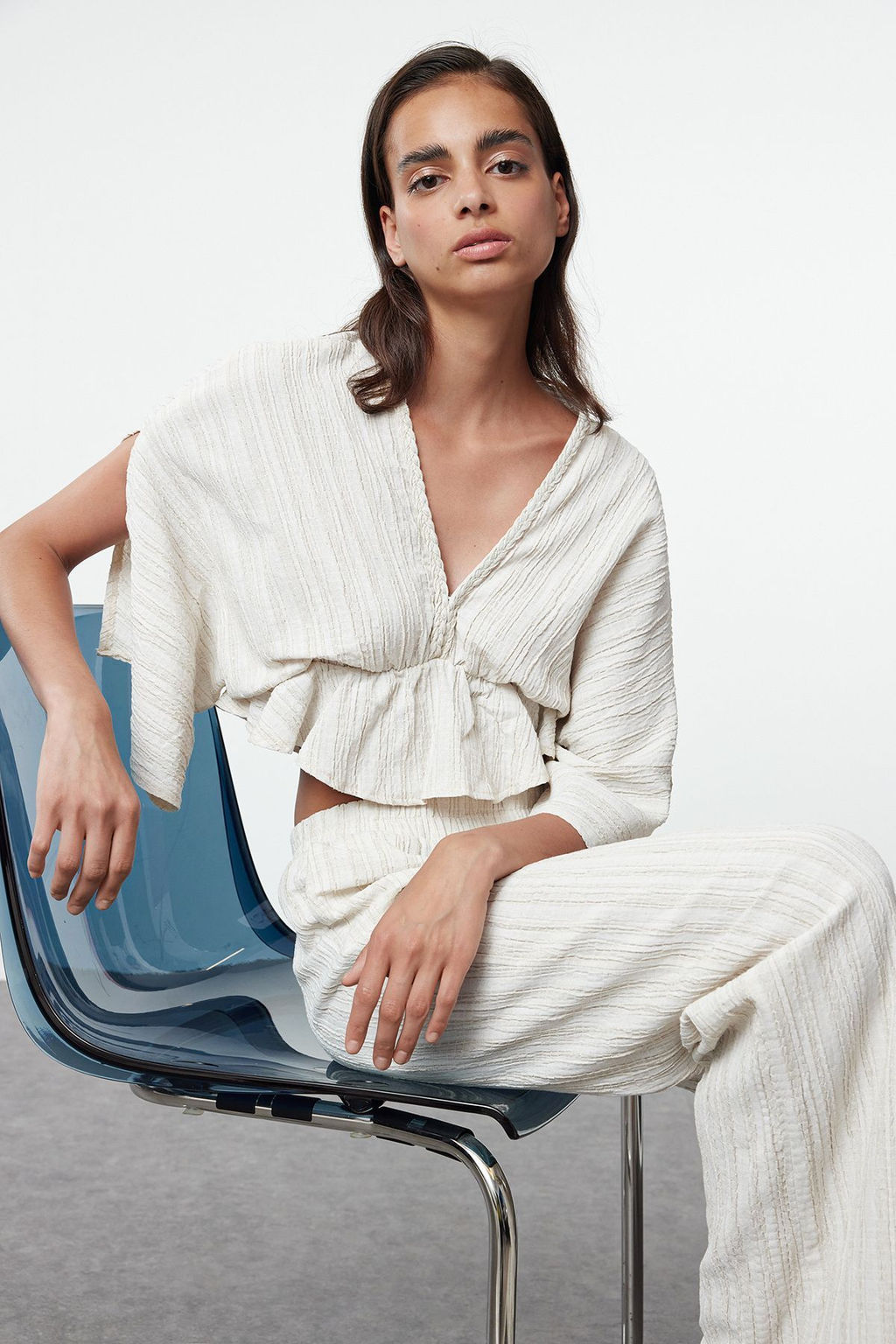 Ekru Beli Lastikli Dokulu Kumas Bootcut Dokuma Pantolon TWOSS24PL00142