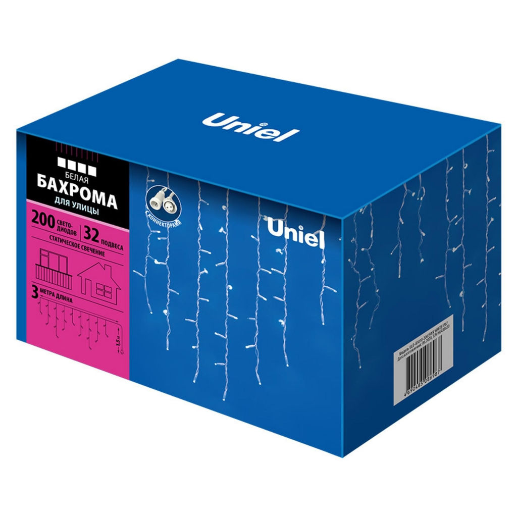 ULD-B3010-200/SWK WHITE IP67 Бахрома светодиодная со статическим свечением, 3м. Соединяемая. 200 светодиодов. Белый свет. Провод белый. TM Uniel. - Volpe фото 11