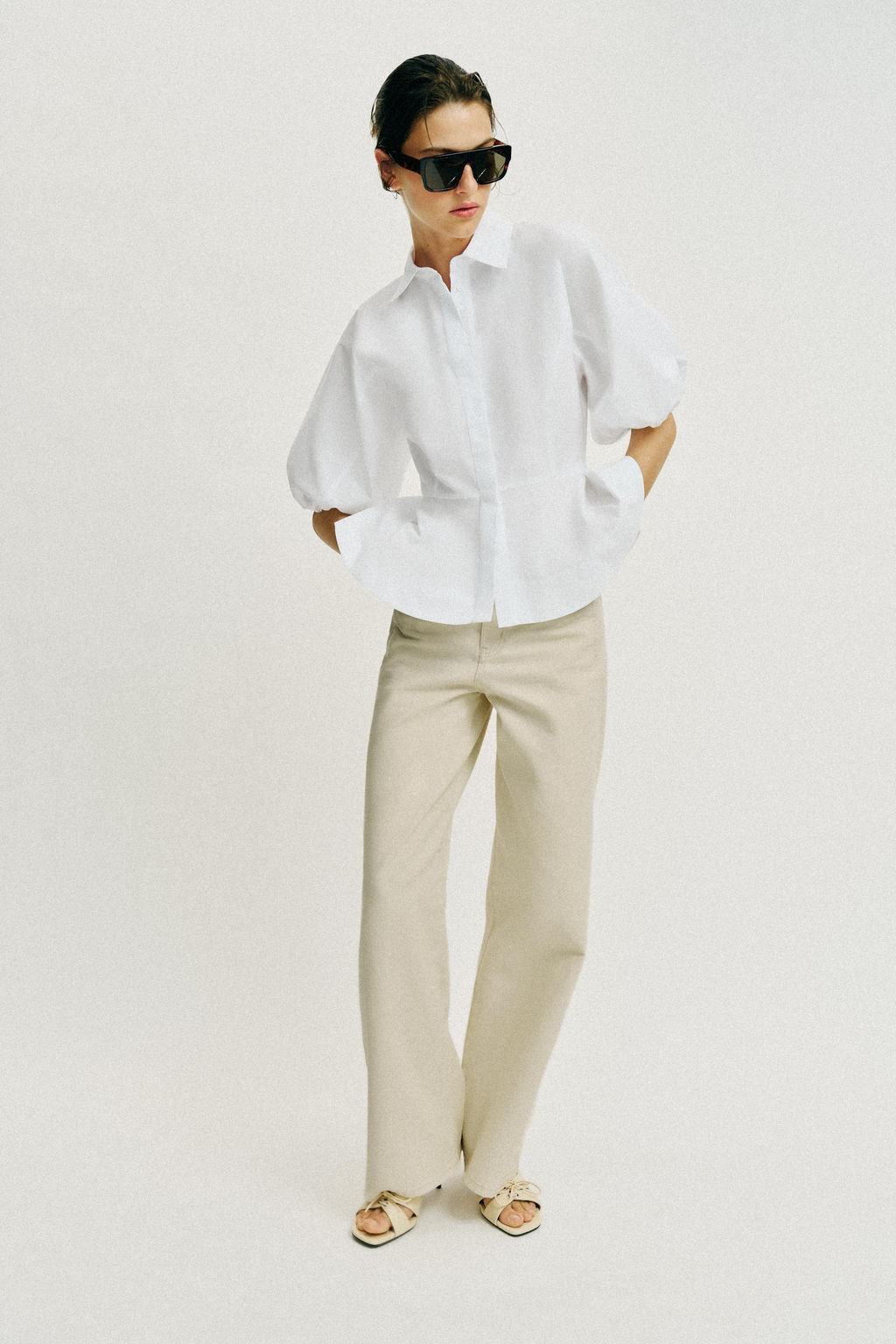 CAMISA PEPLUM MANGA ABULLONADA / Blanco - Zara фото 4