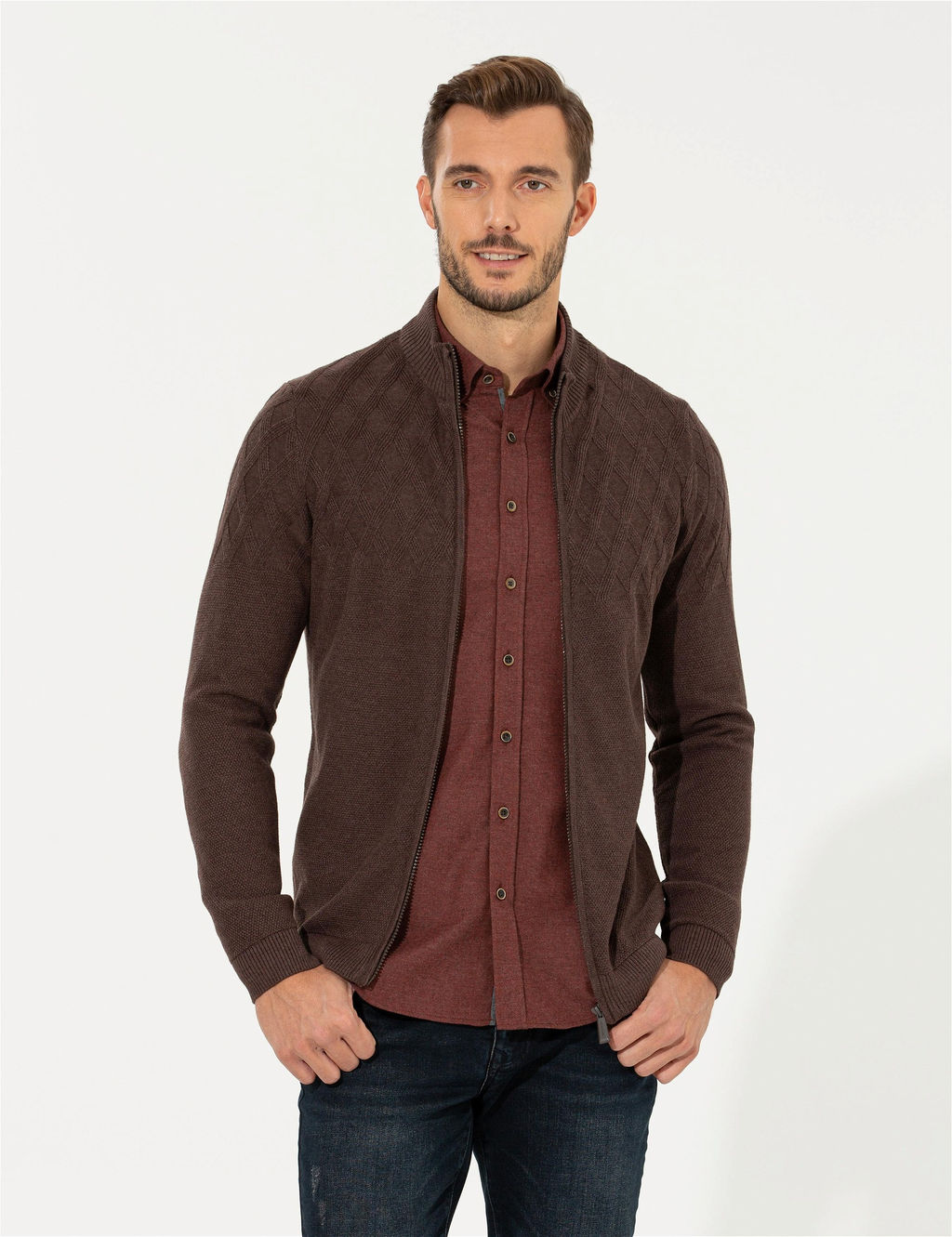 A__k Kahverengi Slim Fit Fermuarl_ Triko H_rka