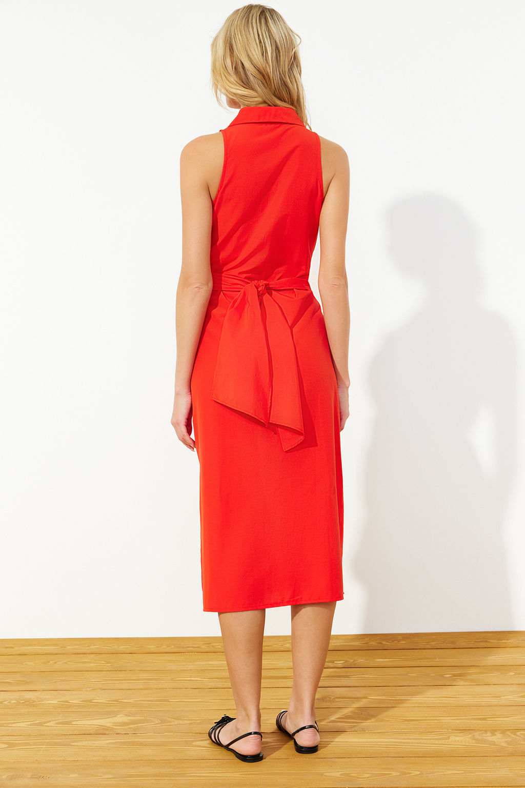 K?rm?z? Kusakl? Midi Dokuma Gomlek Elbise TWOSS24EL00152