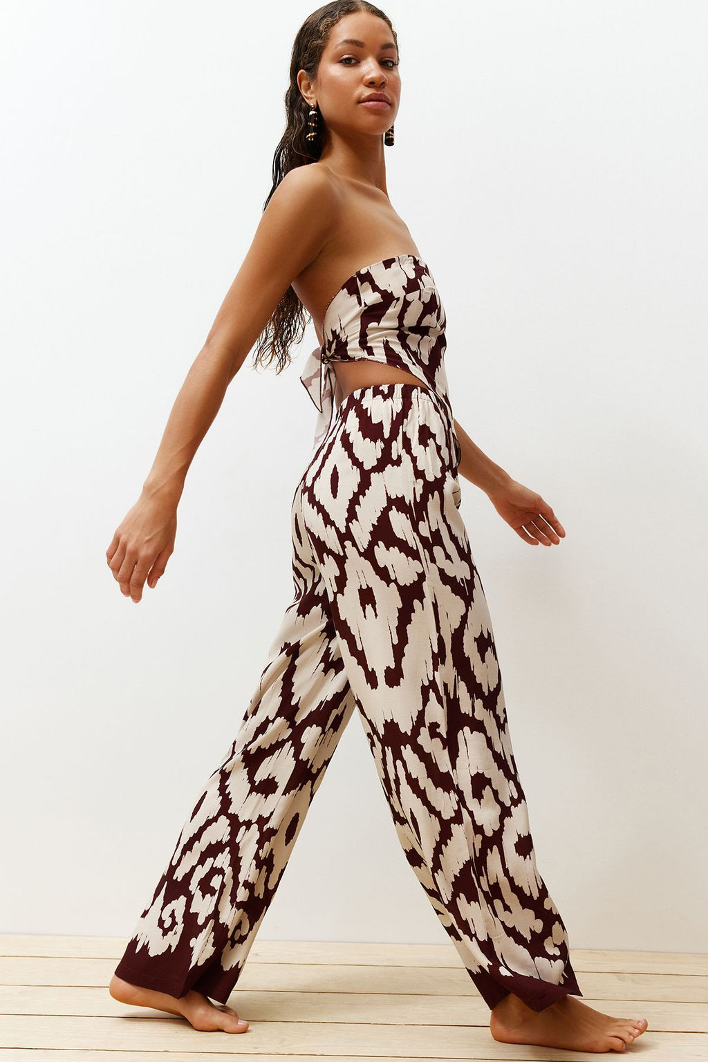 Etnik Desenli Desenli Dokuma Straplez Bluz Pantolon Plaj Tak?m TBESS24AU00017