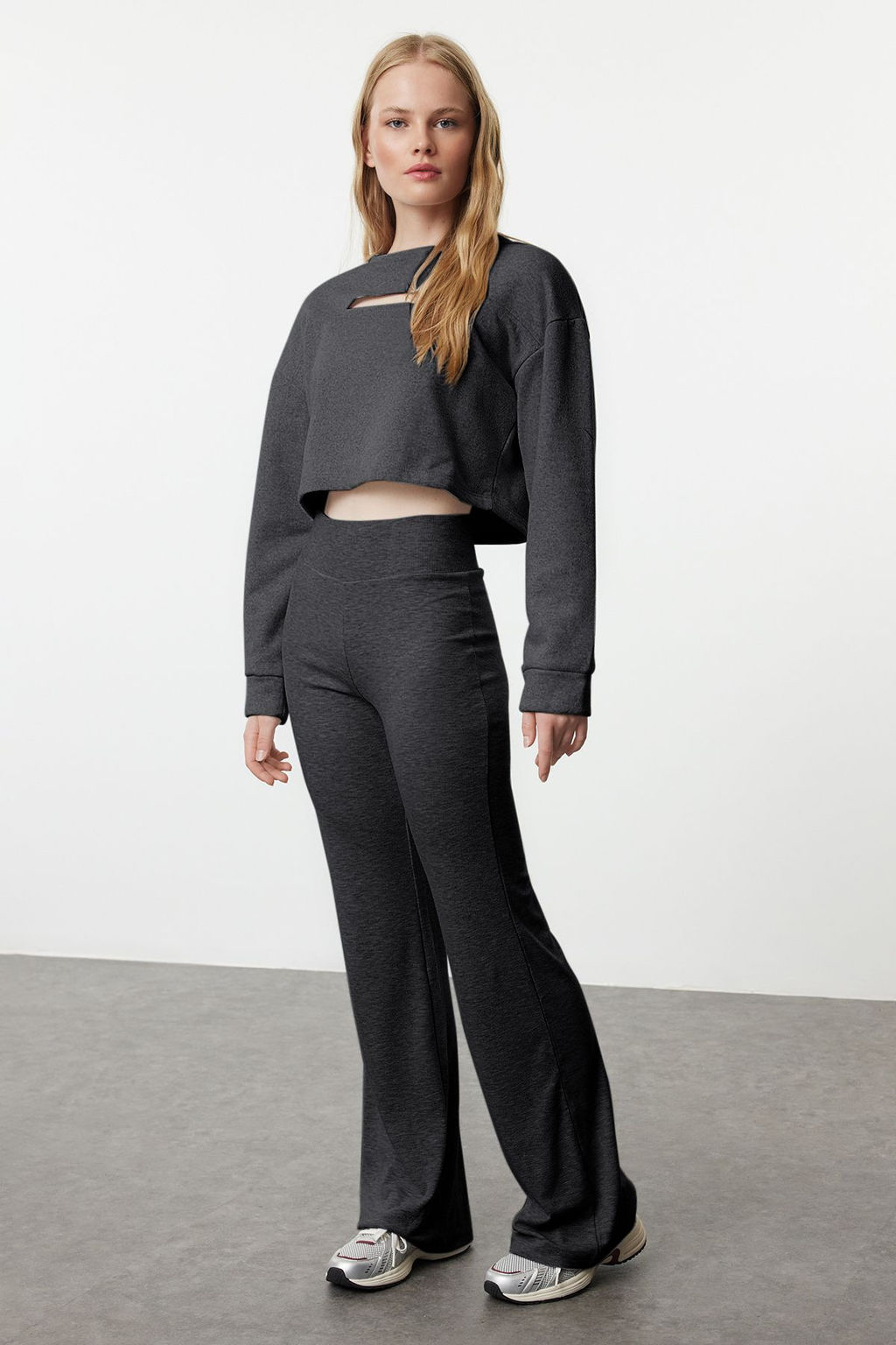 Antrasit Wide Leg/Ispanyol Paca Yuksek Bel Interlok Esnek Orme Pantolon TWOAW25PL00006