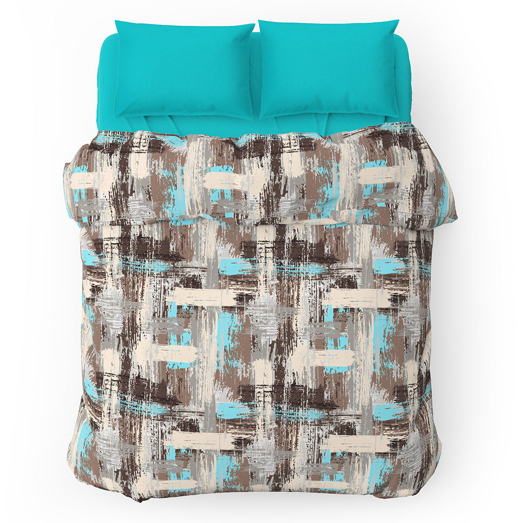 Постельное белье, комплект 1,5 спальный "Перспектива"/"Бирюзовый", 3 предмета: пододеяльник на кнопках 145х215см, простыня 150х220см, 1 наволочка 50х70см с клапаном-запахом, поплин "Комфорт" 115г/м2, хлопок 100%, упаковка "эконом" ПВХ 32х41см, "Домаш