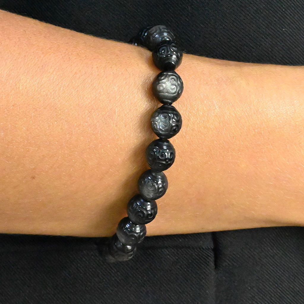 Браслет из Обсидиана шарик резной 8мм, 15г