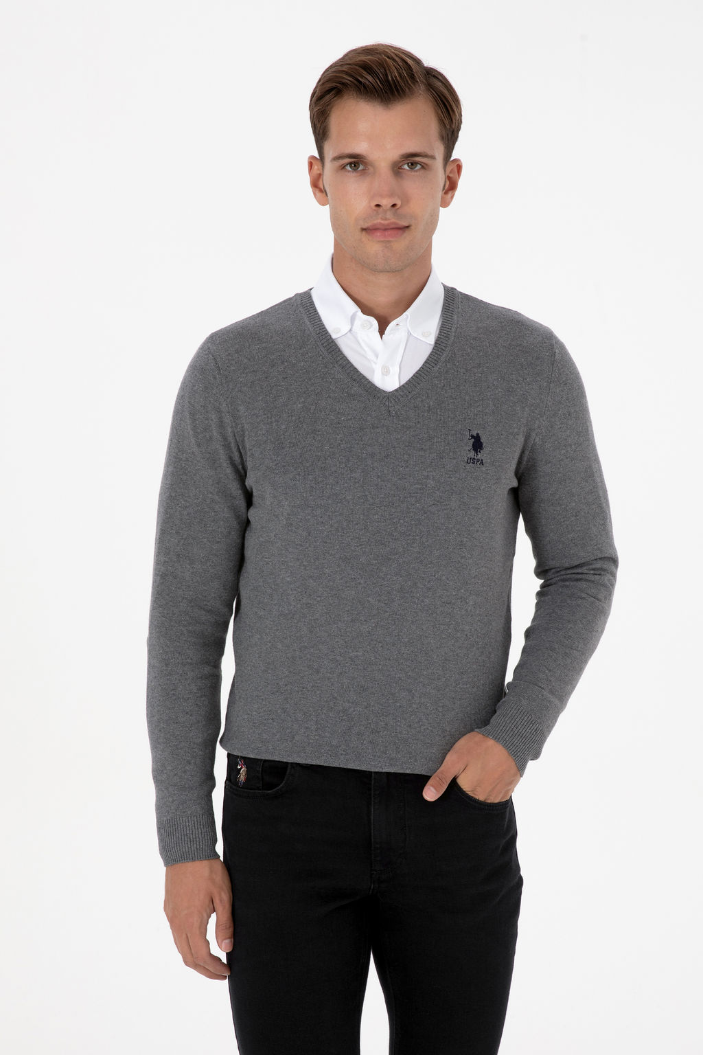 Erkek Slim Fit V Yaka Gri Melanj Basic Kazak