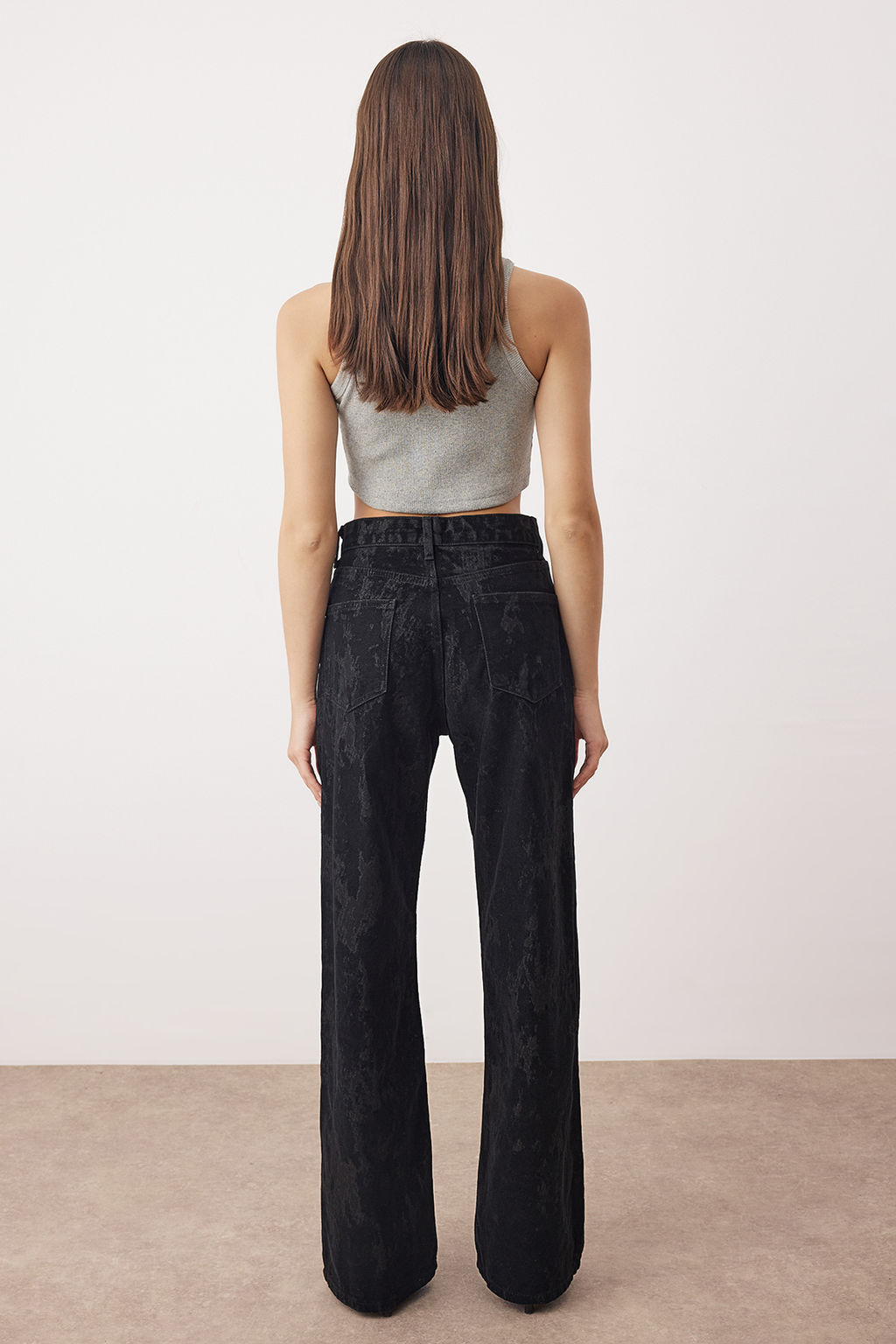 Siyah Siyah Suet Gorunumlu Flok Bask?l? Yuksek Bel Wide Leg Jeans Yuksek Bel Jeans TWOAW26JE00309 - Trendyolmilla фото 4